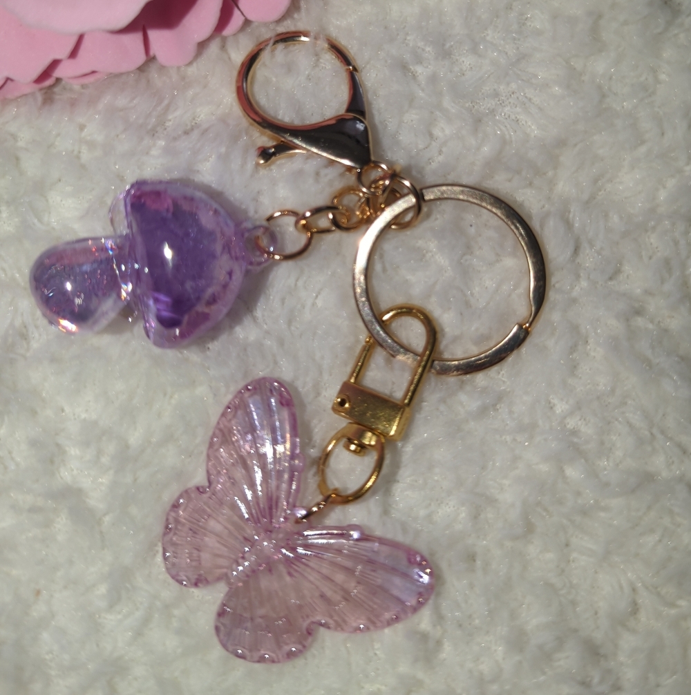 Purple Butterfly And Mushroom Irredecsent Bag Charm Key Chain Combo For Purse